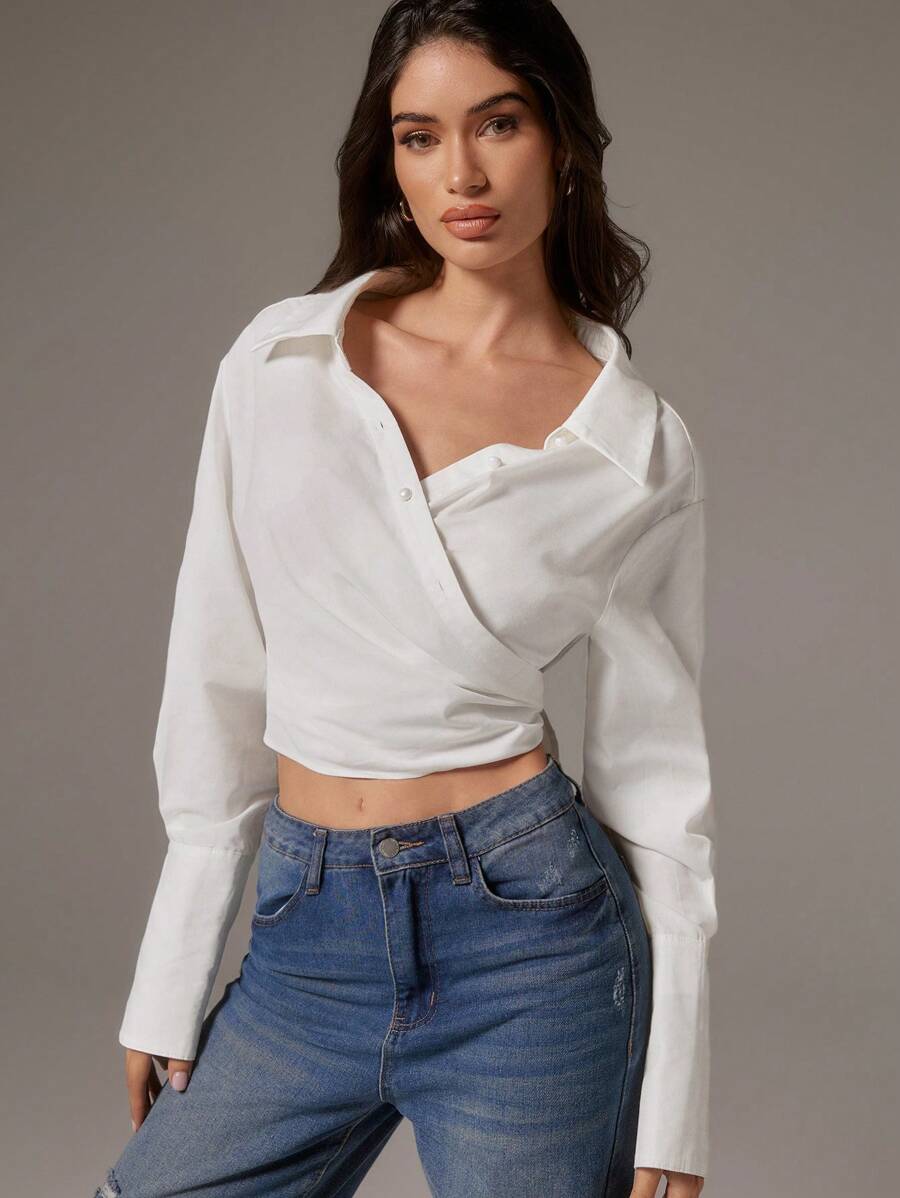 SHEIN Unity 1pc Women Solid Color Cross Wrap Ruched Elegant Office Long Sleeve Blouse - White - View 1