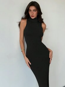 Aloruh 极简主义通勤年轻街头装灰色高领高领无袖修身 H 型超长女士毛衣连衣裙 - 黑色 - 查看 7