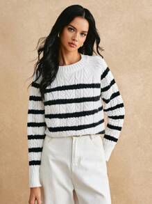 Poéselle Suéter a rayas en blanco y negro, suéter de mujer, suéter de mujer de cuello redondo de manga larga casual con jacquard a rayas para otoño/invierno, atuendos de mujer en otoño, ropa de mujer en invierno, piezas esenciales de otoño y invierno, cálido y cómodo, fácil de usar y combinar