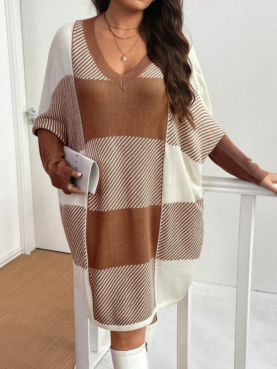 Flirla 大码格子蝙蝠袖大码针织毛衣连衣裙 - 棕色 - 查看 1