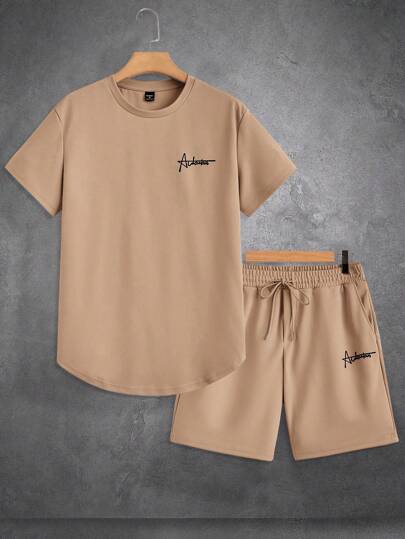 Manfinity Homme Set de 2 piezas, camiseta de manga corta con cuello redondo y estampado de letras, y shorts casuales de corte holgado para hombre