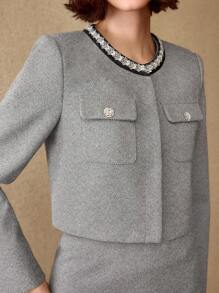 MOTF PREMIUM FAUX PEARL AND SEQUIN TAPE DETAIL FLAP POCKET JACKET - Grey - View 3