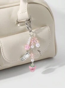 ROMWE Kawaii 1pc Refined & Cute Girl Minimalist Academic Style Silver Chain Faux Pearl & Crystal Round Ball Stars Strawberry Bow Cartoon Phone Pendant Keychain Bag Charm, Suitable For Women, Daily Wear, Holiday Gift Valentines - Pink - View 7