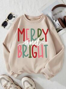 Teen Girl Autumn Christmas Minimalist Colorful English Printed Collegiate Crew Neck Sweatshirt