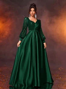 Glamrae Burgundy Red Elegant Burgundy Red Sheer Long Sleeve Beaded Sequin Patchwork Satin Dress With Detachable Belt, Suitable For Wedding, Party, Vacation, Graduation, Prom, Mother Of The Bride Christmas Dress Women>Elegantgreen Christmas Dress Women - Dark Green - View 5