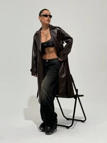 StreetHx Women's Street Style Leather Lapel Collar Slant Pocket Belted Long Winter Coat - Coffee Brown - View 6