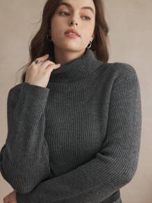 BizChic 女式大码休闲纯色领子罗纹针织毛衣连衣裙配腰带，秋冬 - 灰色 - 查看 5