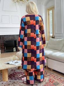 EMERY ROSE 2 件套女士格子印花圆领前短后长长袖上衣和裤子休闲套装 - 彩色 - 查看 2