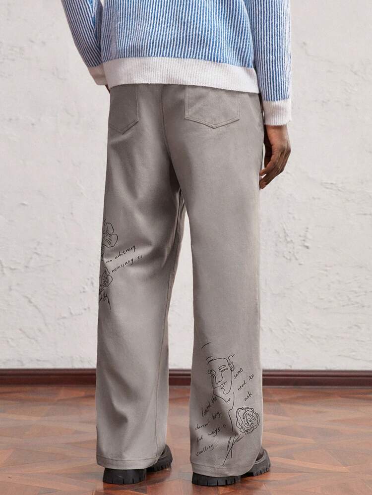 Men's Woven Fitted Long Mid-Waist Straight Leg Casual Pants, Graphic Going Out Long Light Grey Slacks Pants, Suitable For Daily Wear Husband, Boyfriend Gifts