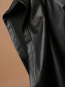 SHEIN BAE Plus Size Fall 2pcs Sexy Elegant Party Woman Black Pu Leather Round Neck Long Sleeve T-Shirt Top And Slit Mini Skirt Two Pieces Party Outfit Halloween Outfit, Winter - Black - View 7