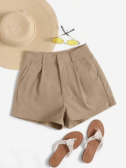 SHEIN Essnce Shorts casuales de verano tejidos de unicolor con pliegues plegados y bolsillos