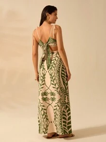 CAJUNI 女士波西米亚风绿色椰子树印花镂空腰后绑带无袖连衣裙，假日休闲夏装