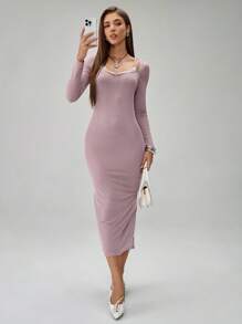 Chiquease Women Elegant Contrast Lace V-Neck Long Dress, Autumn Fall Cloth For Women