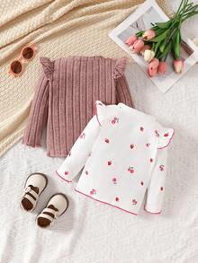 Bộ 2 món cho bé gái, áo thun dệt kim viền bèo nhún màu anh đào và màu trơn - Hồng - Xem 2