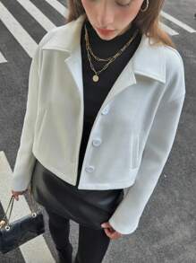 SHEIN Unity 1pc Women Casual Front Button Long Sleeve Pocket Loose Short Jacket - White - View 1