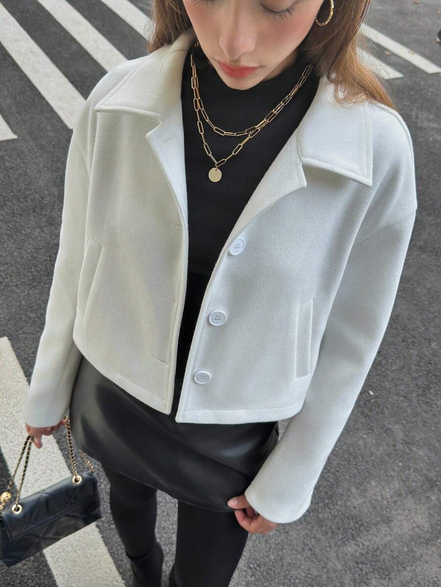 SHEIN Unity 1pc Women Casual Front Button Long Sleeve Pocket Loose Short Jacket - White - View 1