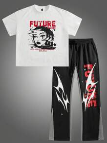 Manfinity VCAY 2pcs Plus Size Men's Loose Cartoon Face & Letter Printed Knitted Crew Neck T-Shirt And Pants Set - Multicolor - View 1