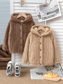 SHEIN Young Girl Casual Reversible Plush Hooded Button Long Sleeve Jacket - Multicolor - View 1