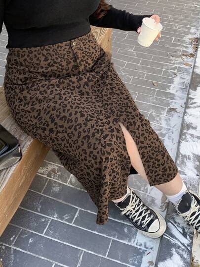 Dazy Plus 大码豹纹中长A字裙，松紧腰带，前开衩，四季皆宜，秋冬女装半身裙