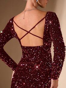 SHEIN BAE Black Solid Color Party Sexy Outfit/Date Night/Bachelorette Party/Musical Costume/Cocktail Short Dress/Halloween Dress/Gorgeous And Exquisite Colorful Night Glitter Sequined Square Neck Backless Cross Strap Mini Dress/Black Homecoming Dress/Club Women Outfits/ Velvet Sequined Dress