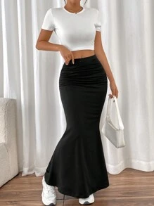 SHEIN PETITE Sexy Versatile Fitted Pleated Side Fishtail Hem Elastic Knit Black Skirt, For Autumn/Winter Maxi - Black - View 3