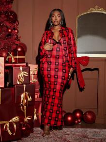 SHEIN SXY Conjunto de 2 piezas para mujer de talla grande: blusa de punto con encaje en contraste de cuadros rojos y negros con estampado de corazones, adecuada para otoño e invierno, fiesta de Nochebuena, cita, cumpleaños, despedida de soltera, look casual y bonito, fácil de combinar, resalta la figura