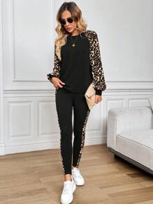 Easowa 2 件套女士冬季新款街头豹纹拼布圆领长袖运动衫和紧身裤休闲套装 - 黑色 - 查看 5