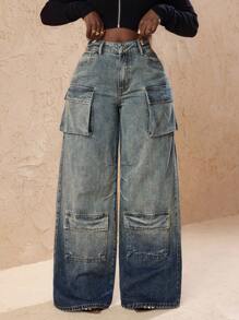 Slaydiva Women's Fashionable Ombre Wash Wide Leg Cargo Jeans