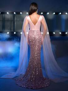 Glamrae Vestido longo de cetim com decote em formato de coração, barra da sereia e bainha até o chão, elegante, deslumbrante e sexy, com tule rosa de flor de lótus, grandes lantejoulas flutuantes e bordado de lantejoulas, adequado para festa de formatura, jantar a dois, vestido de festa de casamento para convidados, formatura - Rosa empoeirado - Visão 3