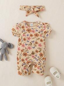 SHEIN Đứa bé gái In hoa Romper Với băng đô , Mùa hè - Màu be - Xem 1