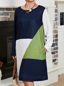 EMERY ROSE Plus Size Mom Contrast Color Pocket Decoration Long Sleeve Dress,Winter Dress - Multicolor - View 4