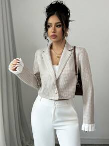 Chiquease New Solid Color Sleeve Ruffle Trim Contrast Button Short Casual Jacket, Textured, Versatile And Elegant Design For Women, Autumn/Winter - Grey - View 2