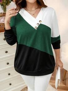 SHEIN LUNE Plus Size Solid Color Block Button-Up Long Sleeve V-Neck Casual Blouse