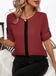 SHEIN Clasi Women's Elegant Loose Contrast Color Front Placket Metal Decor Round Neck Roll Sleeve Blouse - Red - View 5