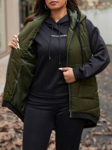 SHEIN LUNE Plus Size Army Green Patchwork Pocket Zipper Drawstring Hooded Padded Vest, Winter