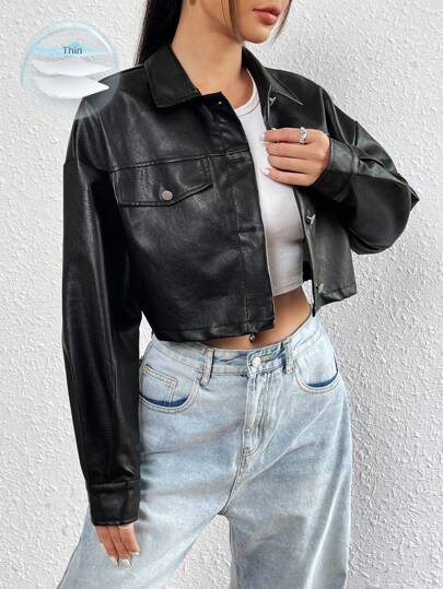 SHEIN EZwear 1 件翻盖细节落肩短款 PU 皮夹克，女士深秋休闲纽扣落肩领常规版型黑色纯色女士夹克，户外活动