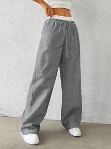 SHEIN EZwear Quần dài nữ dệt sọc đen trắng - Đen và trắng - Xem 6