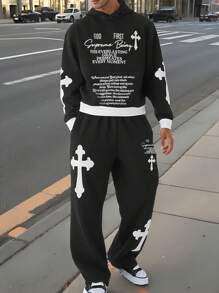 Manfinity EMRG Men Cross Logo Print Hooded Sweatshirt And Loose Cargo Pocket Pants Set, Street Style - Black - View 1
