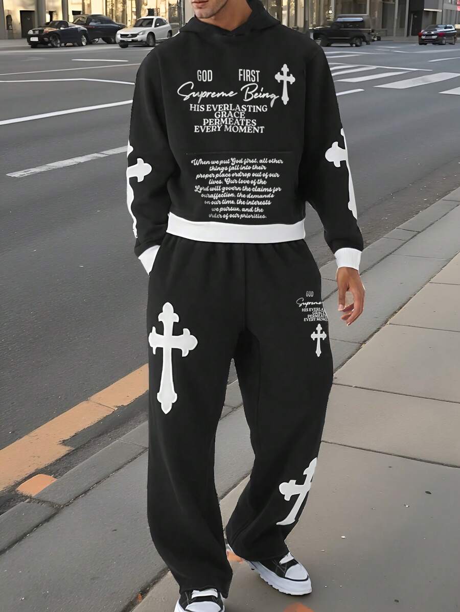 Manfinity EMRG Men Cross Logo Print Hooded Sweatshirt And Loose Cargo Pocket Pants Set, Street Style - Black - View 1
