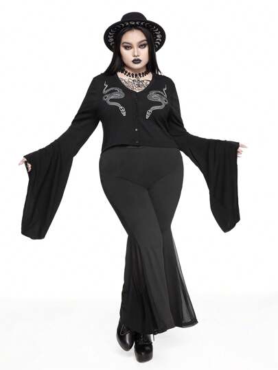 Goth Cardigan invernale lavorato a maglia, attillato, con maniche a campana e ricamo di serpente, per taglie forti