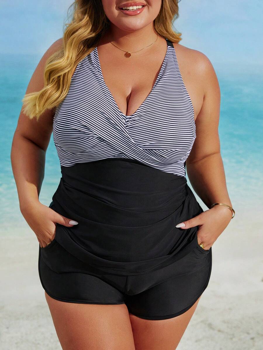 Swim Lushoire Plus Size Summer Beach Striped Print Cross Back Tank Top & Pocket Decoration Boardshorts Two-Piece Tankini Set - Black and White - View 1