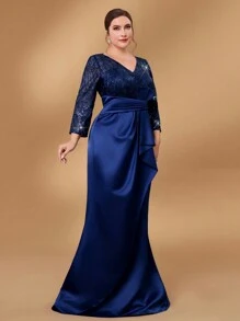 Serin Vestido elegante y lujoso de la madre de la novia para bodas, gala y banquetes, de material de satén elástico con bordado de malla con lentejuelas azul marino, escote en V profundo, recogido y con volantes en la Bottom - Azul Marino - Ver 7