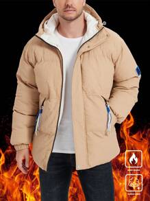 Manfinity Homme Men's Patch Thermal Lined Hooded Winter Padded Padded Coat, Going Out Quilted Coat, For Friends, Husband, Boyfriend Gifts - Khaki - View 3