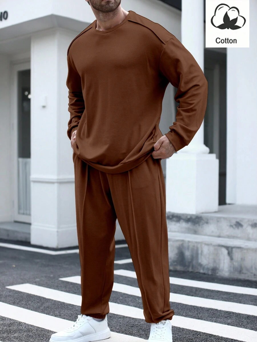 Manfinity Homme Bộ đồ thường ngày cho nam, áo nỉ dài tay cổ tròn màu trơn và quần nỉ raglan, mùa thu - màu nâu - Xem 1