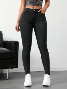 SHEIN ICON 女士口袋松紧腰休闲紧身牛仔裤