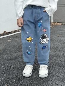 SHEIN Young Boy Planet & Astronaut Print Elastic Waist Jeans Chic Outfits For Autumn/Winter - Medium Wash - View 4
