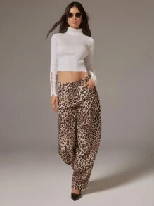 SHEIN Unity Women's Leopard Print Flared Denim Effect Casual Street Style Pants, Suitable For INS Blogger Outfit - Multicolor - View 3