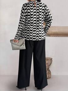 Celure Plus Size Women 2pcs Set: Striped Wave Pattern Stand Collar Long Sleeve Top And Wide Leg Pants, Loose Fit, Autumn