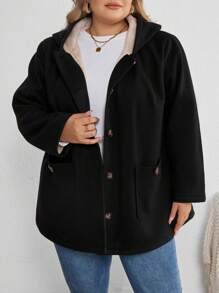 SHEIN CURVE+ Curve Plus 双口袋 正面纽扣 连帽 泰迪熊 内衬 大衣 - 黑與白 - 查看 3