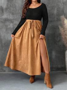 SHEIN VCAY Plus Size Women Casual Crew Neck 2 In 1 High Slit Belted Dress, Spring/Autumn Vacation Outfits Woman Winter Clothes Western Woman Attire New Year Eve Dress Boho Women Clothing Women Winter Clothes Knit Dress Going Out Outfits Casual Dresses Basic Dress Long Sleeve - Multicolor - View 6